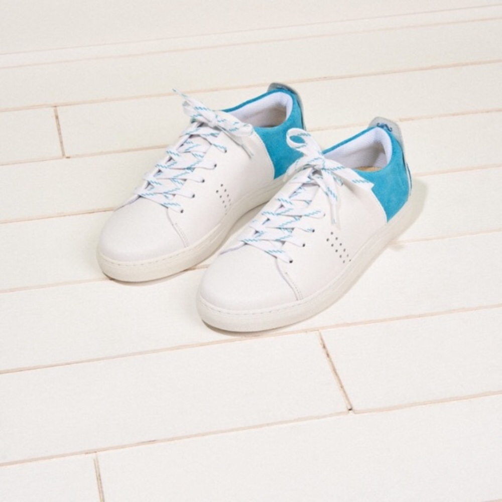 M. Moustache Renée Low Sneakers in White Leather and Turquoise